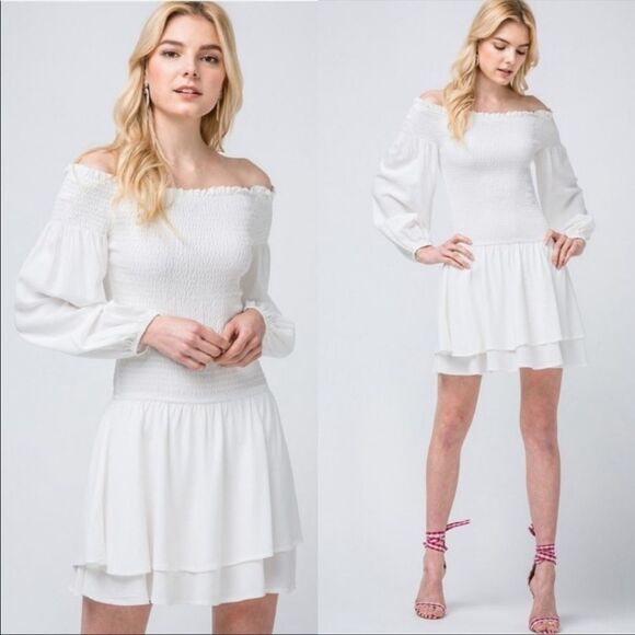 NWT Entro Dress Size Small Smocked White Long Sleeve Off Shoulder Tiered Skirt - Picture 1 of 8